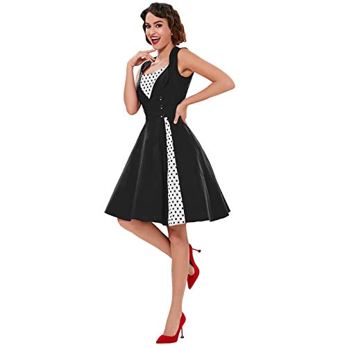 KILLREAL Women's Sleeveless Vintage Rockabilly Polka Dot Cocktail Party Dress Black Medium - Image 3