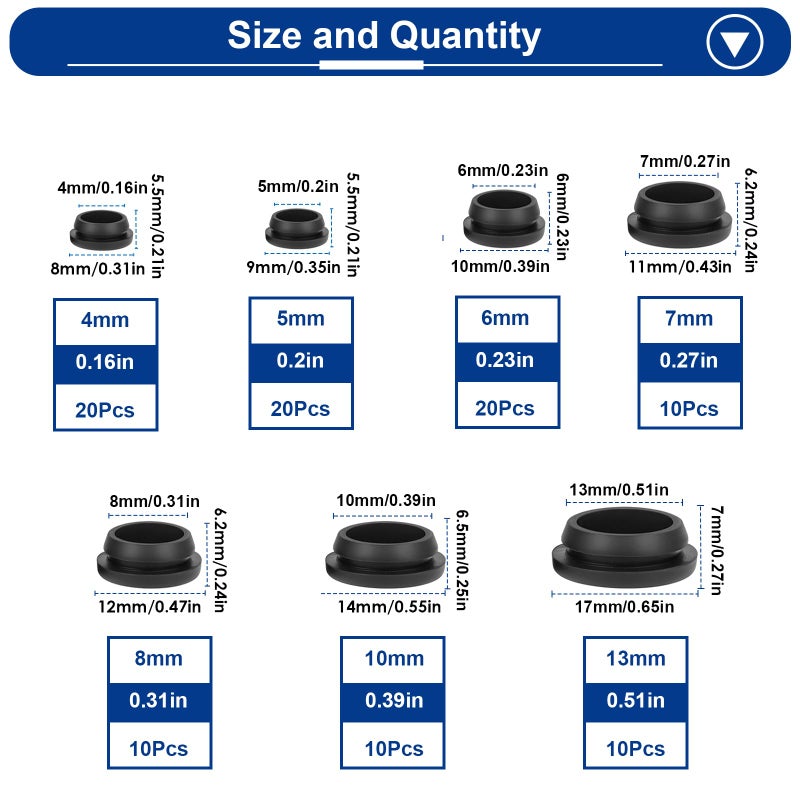 Tnisesm 100PCS 7 Sizes Black Rubber Plugs for Round Holes Silicone Plugs, 1/2" 3/8" 5/16" 1/4" 1/5" Round Hole Plug Snap Locking, Used for Furniture - Image 2