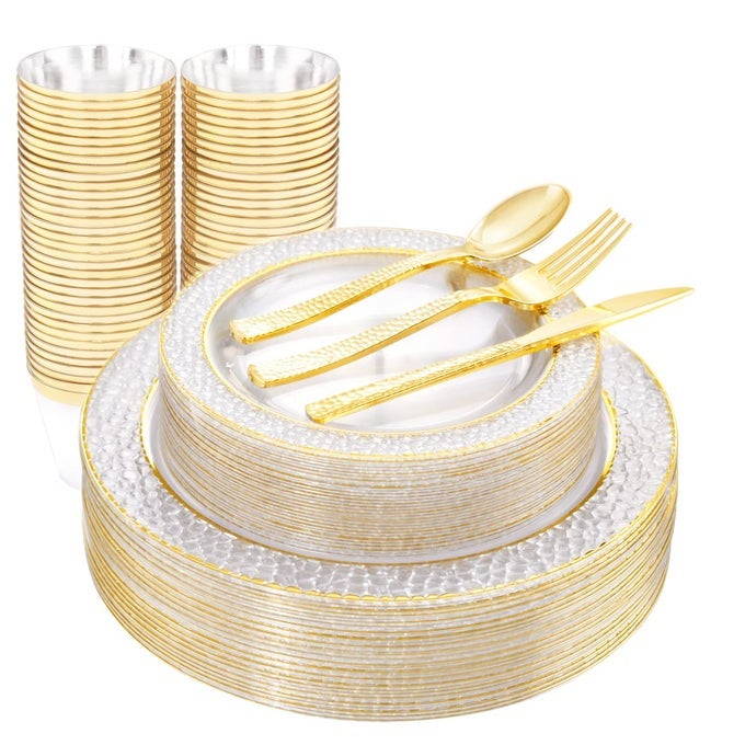 150PCS CLEAR GOLD PLASTIC PLATES DISPOSABLE GOLD RIM PLATES INCLUDE 25DINNER PLATE 25DESSERT PLATE 25FORKS 25KNIVES 25SPOONS 25CUPS FOR WEDDING PARTY GRADUATION