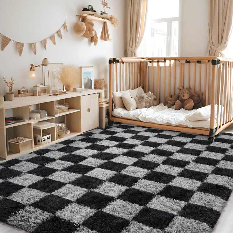 FALARK Rugs for Bedroom Living Room, 4x6 ft Black and Grey Checkered Area Rug, Fluffy Soft Washable Carpet, Modern Non-Slip Shag Carpets for Boys Girls Nursery Home Aesthetic Decor - Image 3