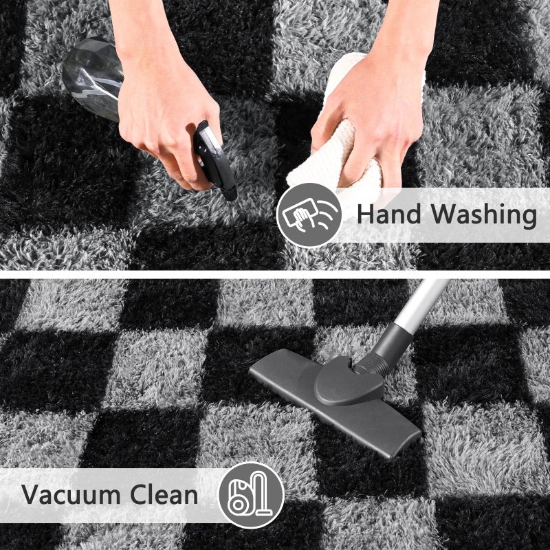 FALARK Rugs for Bedroom Living Room, 4x6 ft Black and Grey Checkered Area Rug, Fluffy Soft Washable Carpet, Modern Non-Slip Shag Carpets for Boys Girls Nursery Home Aesthetic Decor - Image 5