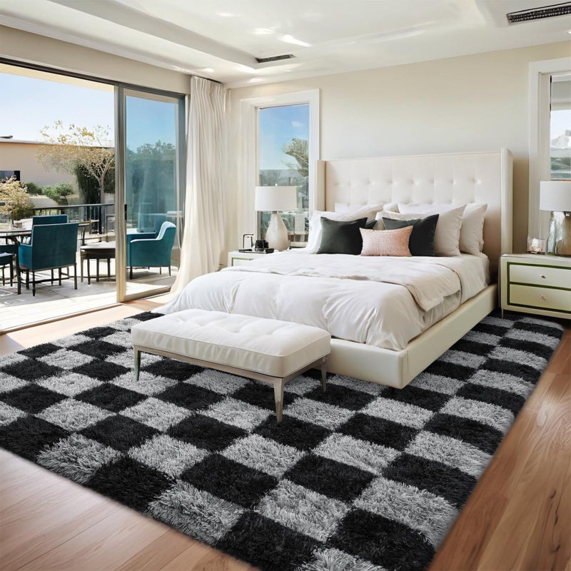 FALARK Rugs for Bedroom Living Room, 4x6 ft Black and Grey Checkered Area Rug, Fluffy Soft Washable Carpet, Modern Non-Slip Shag Carpets for Boys Girls Nursery Home Aesthetic Decor - Image 2