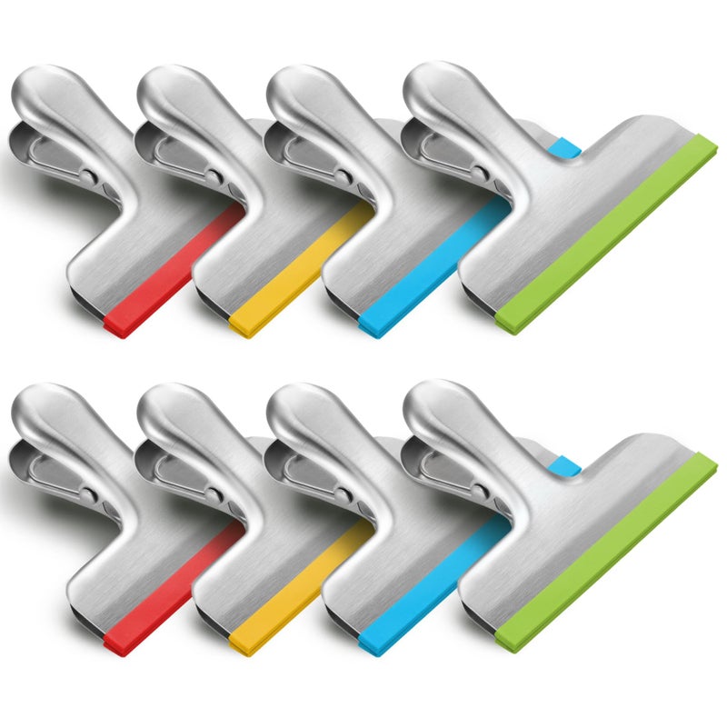 HOUSE AGAIN 8 Pack Stainless Steel Chip Bag Clips Covered with Silicone - NO More Sharp Edges - Color Coded for Food Bags - Air Tight Seal, Heavy Duty for Kitchen and Office, 3 Inches - Image 1