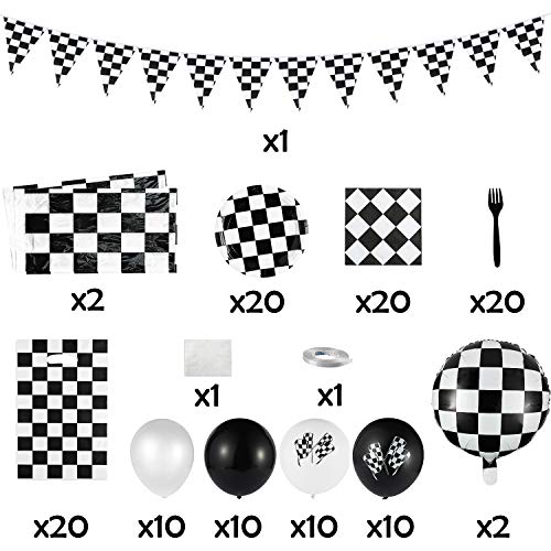 BeYumi 127Pack Race Car Checkered Party Supplies Decoration Kit Including Banner Pennant Balloons Tablecloth Tableware Goodies Gift Bags Black and White Party Decorations Pack Serves 20 Guests - Image 5