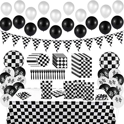 BeYumi 127Pack Race Car Checkered Party Supplies Decoration Kit Including Banner Pennant Balloons Tablecloth Tableware Goodies Gift Bags Black and White Party Decorations Pack Serves 20 Guests - Image 1