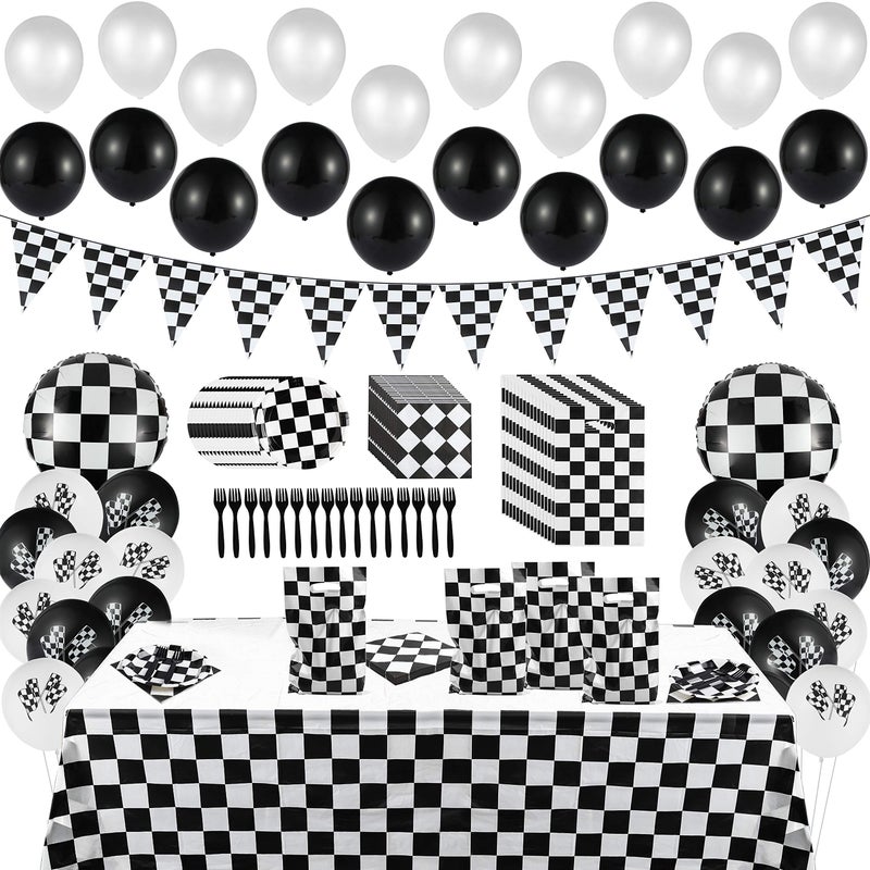BeYumi 127Pack Race Car Checkered Party Supplies Decoration Kit Including Banner Pennant Balloons Tablecloth Tableware Goodies Gift Bags Black and White Party Decorations Pack Serves 20 Guests - Image 3