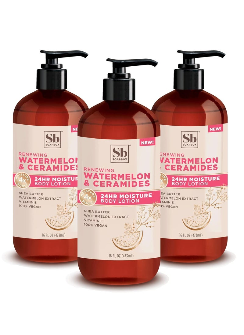 Soapbox - Soapbox Body Lotion, Watermelon & Ceramides Body Lotion for Dry Skin, Plump and Hydrate with Ceramides, Moisturizer for Women, Men, Vegan & Cruelty Free Skin Care, 3 Pack, 16 oz each - Image 1