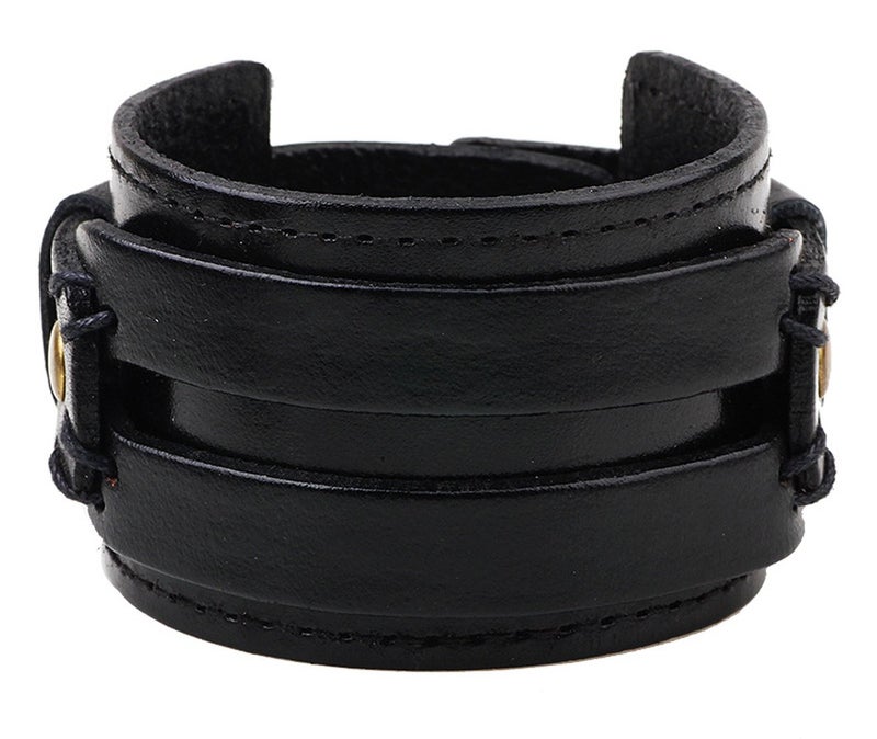 Hamoery Men Leather Bracelet Punk Braided Rope Alloy Bracelet Bangle Wristband(Black1) - Image 2