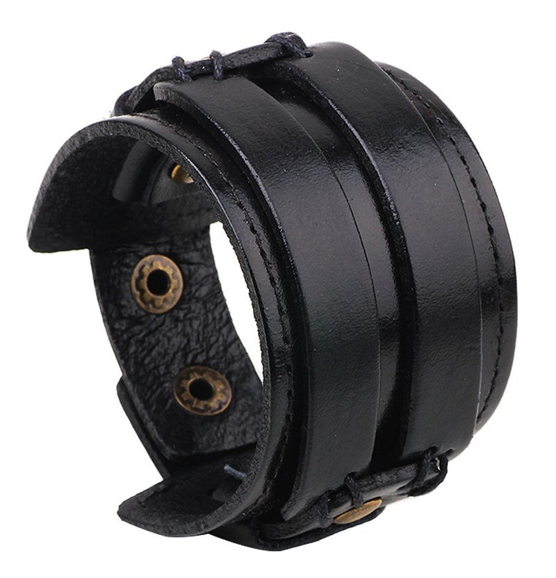 Hamoery Men Leather Bracelet Punk Braided Rope Alloy Bracelet Bangle Wristband(Black1) - Image 1