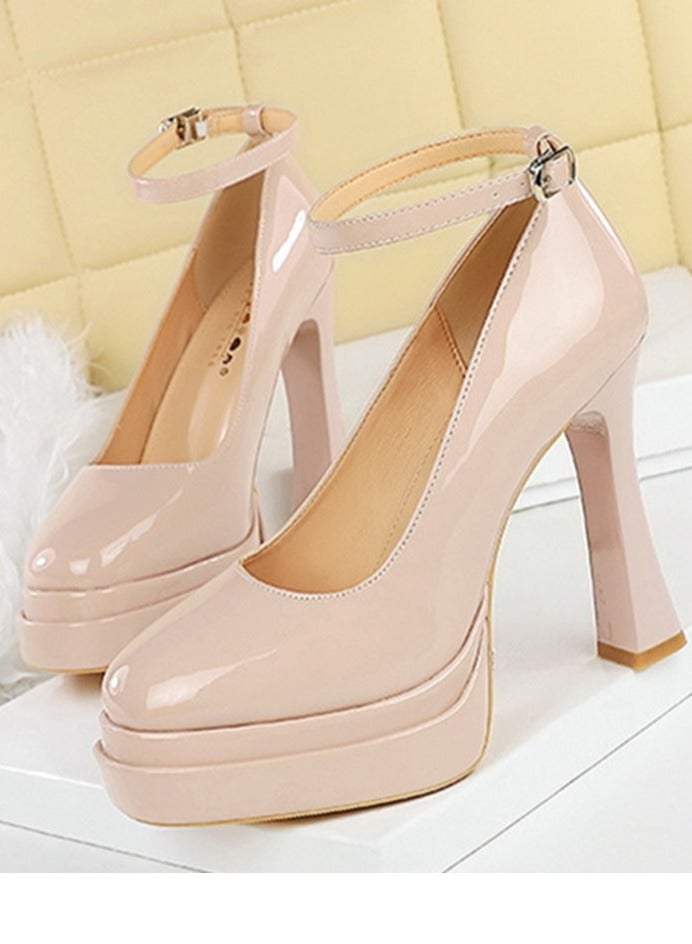 بيج تري منصة المرأة الكعب العالي السمك جولة إصبع القدم المغلق مع مضخات حزام الكاحل عارية الوردي 11.5CM - Image 1