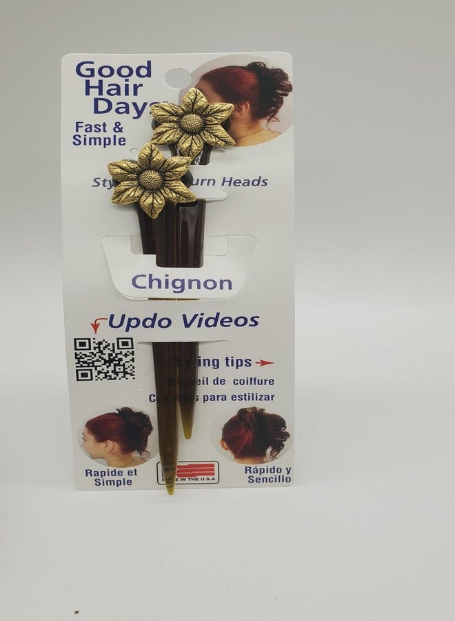 Good Hair Days Hair Chopsticks - 5 1/4" Long Antique Gold Sunflower Updo Styling Sticks for Women, Vintage, Bridal Jewelry, Accessories for Chignons, French Twists & Buns - Tortoise Shell, Set of 2 - Image 3