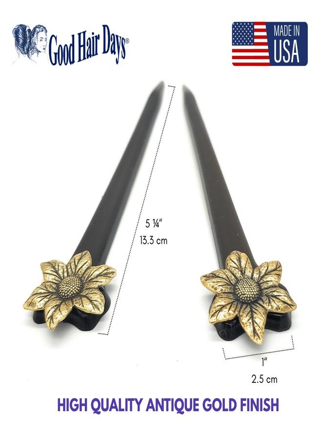 Good Hair Days Hair Chopsticks - 5 1/4" Long Antique Gold Sunflower Updo Styling Sticks for Women, Vintage, Bridal Jewelry, Accessories for Chignons, French Twists & Buns - Tortoise Shell, Set of 2 - Image 2