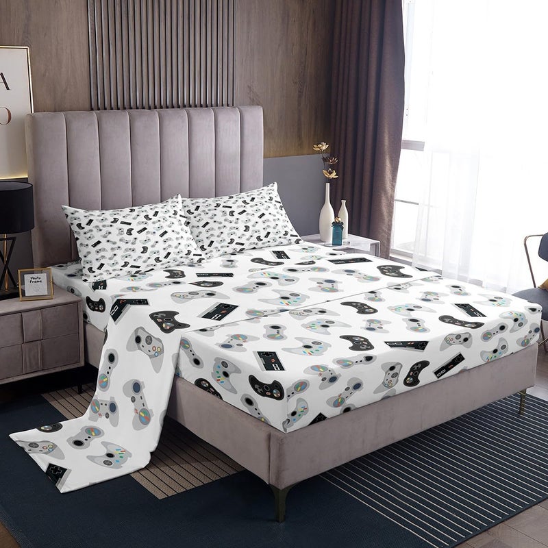 Manfei Teens Gaming Sheet Set Queen Size Kids Video Games Bedding Set 4pcs with Deep Pocket Fitted Sheet  Flat Sheet  2 Pillowcases Boys Gamer Controller Bed Sheet Set for Game Room Decor