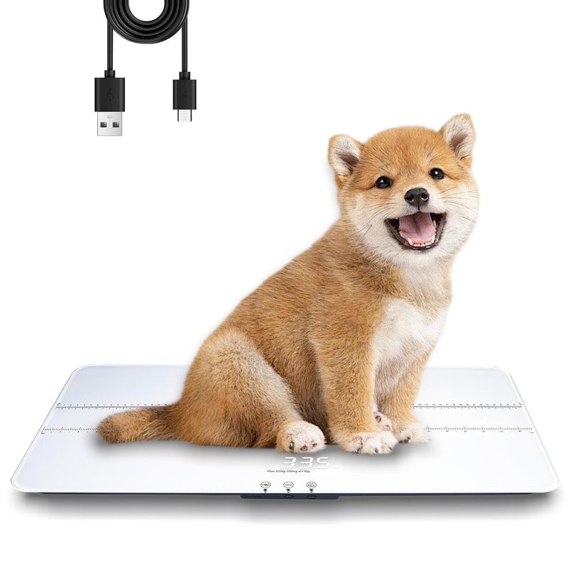 UNIWEIGH ميزان حيوانات أليفة رقمي 220 رطل × 10 جرام دقة ميزان للكلاب والقطط مع 3 وحدات وزن وظيفة الطي والاحتفاظ ميزان للأطفال للحيوانات الأليفة مادة زجاج مقسى شحن USB منصة وزن LED كبيرة بيضاء - Image 1