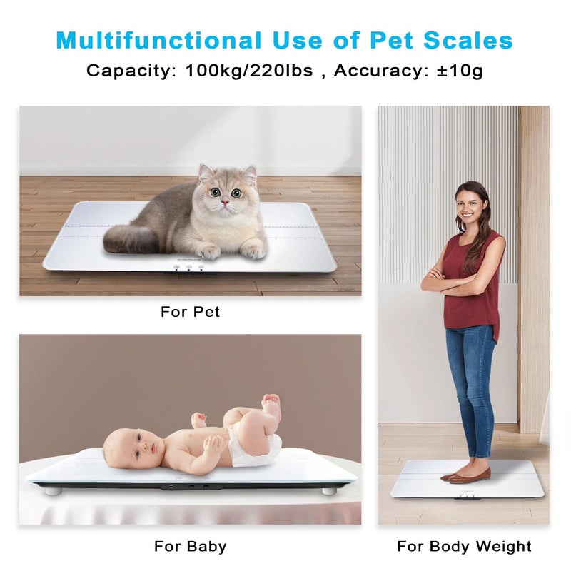 UNIWEIGH ميزان حيوانات أليفة رقمي 220 رطل × 10 جرام دقة ميزان للكلاب والقطط مع 3 وحدات وزن وظيفة الطي والاحتفاظ ميزان للأطفال للحيوانات الأليفة مادة زجاج مقسى شحن USB منصة وزن LED كبيرة بيضاء - Image 4