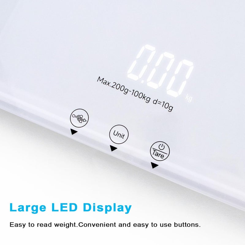 UNIWEIGH ميزان حيوانات أليفة رقمي 220 رطل × 10 جرام دقة ميزان للكلاب والقطط مع 3 وحدات وزن وظيفة الطي والاحتفاظ ميزان للأطفال للحيوانات الأليفة مادة زجاج مقسى شحن USB منصة وزن LED كبيرة بيضاء - Image 3