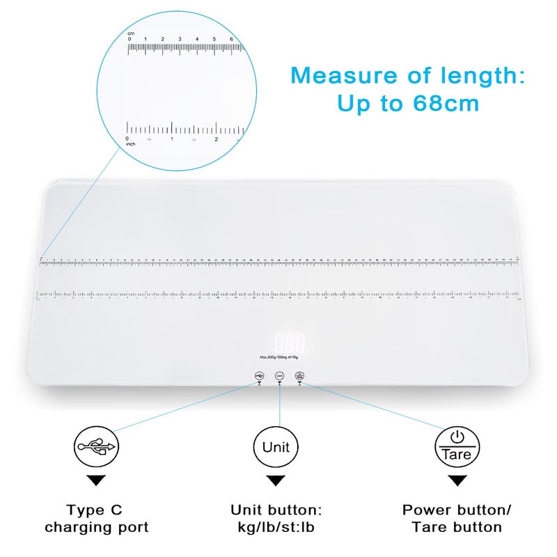 UNIWEIGH ميزان حيوانات أليفة رقمي 220 رطل × 10 جرام دقة ميزان للكلاب والقطط مع 3 وحدات وزن وظيفة الطي والاحتفاظ ميزان للأطفال للحيوانات الأليفة مادة زجاج مقسى شحن USB منصة وزن LED كبيرة بيضاء - Image 2
