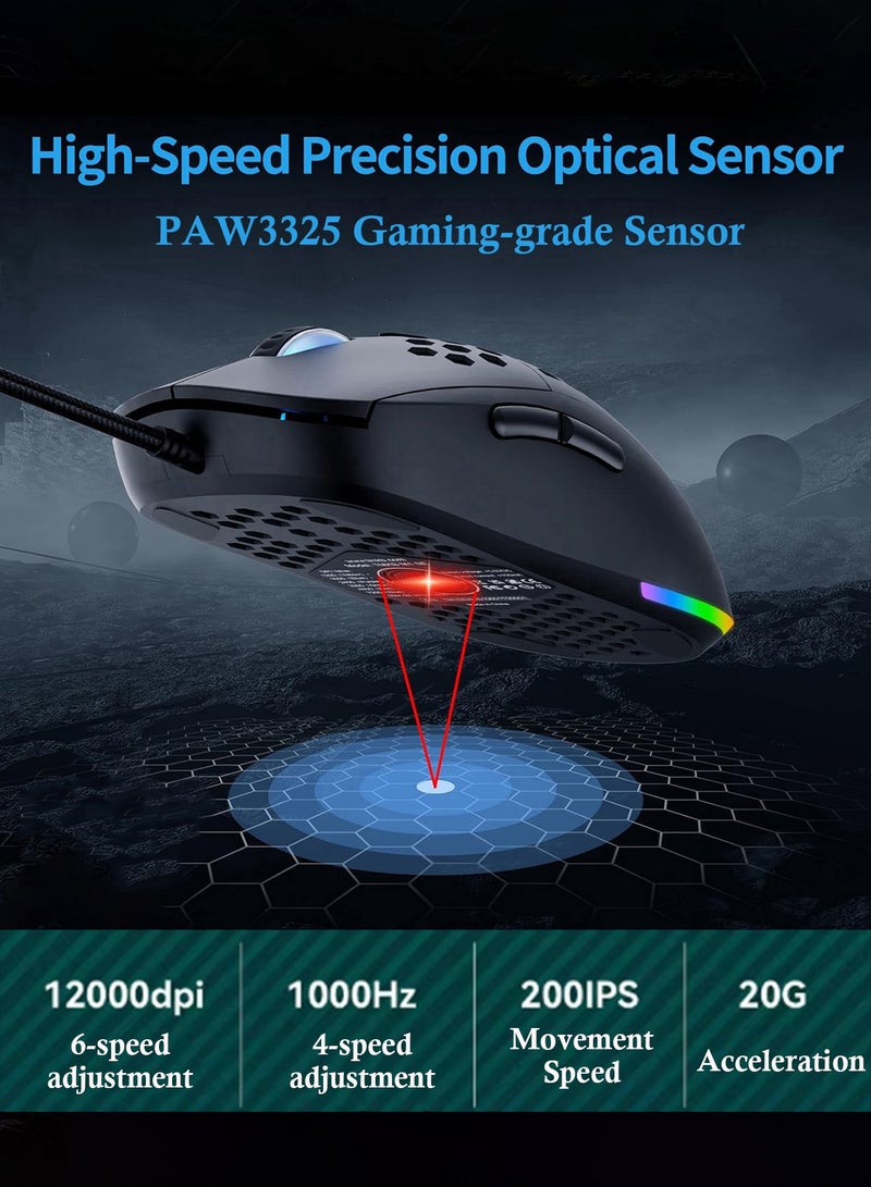CubeG M5 Ultralight Wired Gaming Mouse with RGB Backlight High-Precision 12000 DPI Optical Sensor, 6 Programmable ons,  Drag-Free Paracord, Ergonomic Gaming Mouse Black - Image 2