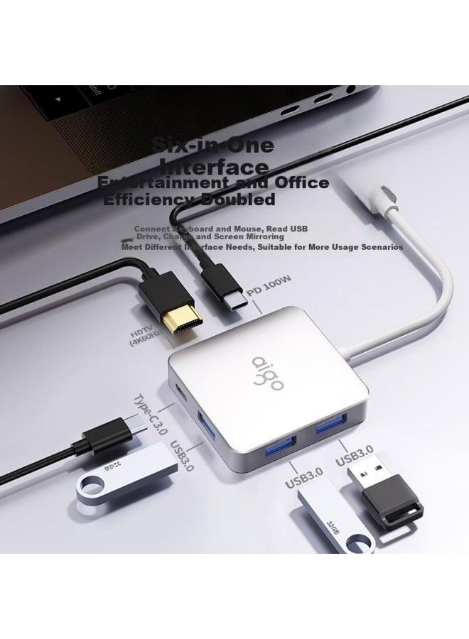 Aigo Type-C Docking Station Usb Hub Splitter Hdmi Adapter 4K60Hz Converter Pd100W Laptop Usb Dock Jz06-H (Metal) - Image 1