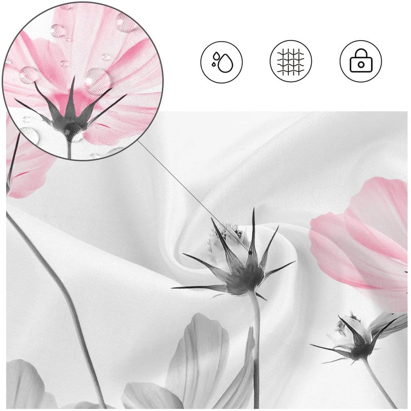 Kikiry Extra Long Shower Curtain 72''W x 84''L Tall Pink Gray White Grey Flowers Wildflower Daisy Floral Ink Painting Botanical Elegant Bathroom Curtains Polyester Fabric 12 Pack Plastic Hooks - Image 1