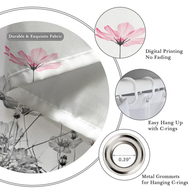Kikiry Extra Long Shower Curtain 72''W x 84''L Tall Pink Gray White Grey Flowers Wildflower Daisy Floral Ink Painting Botanical Elegant Bathroom Curtains Polyester Fabric 12 Pack Plastic Hooks - Image 2