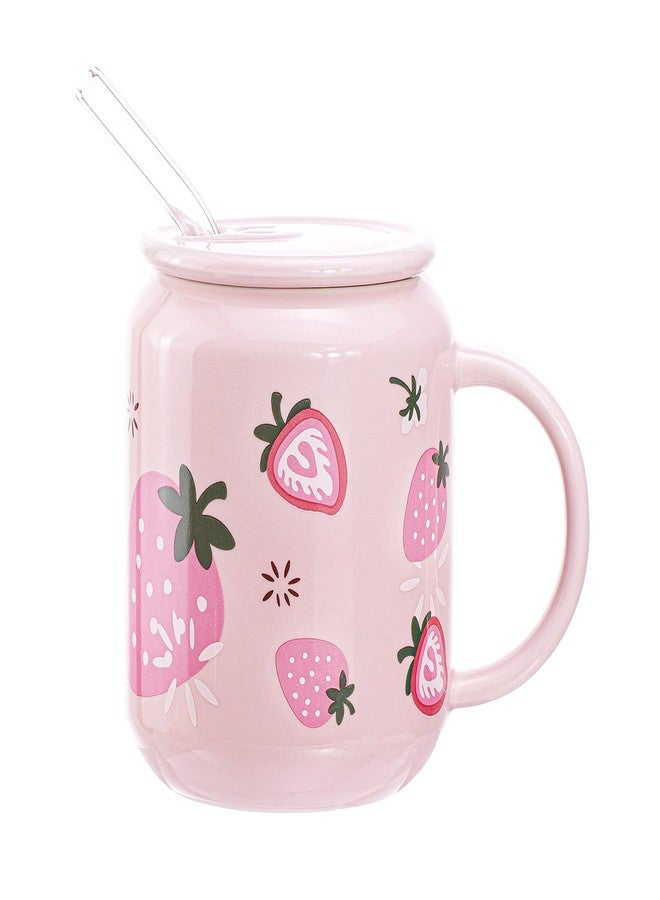 Sizikato Porcelain Mug with Lid and Straw, 13 Oz Water Cup with Handle, Cute Strawberry Pattern - Image 1