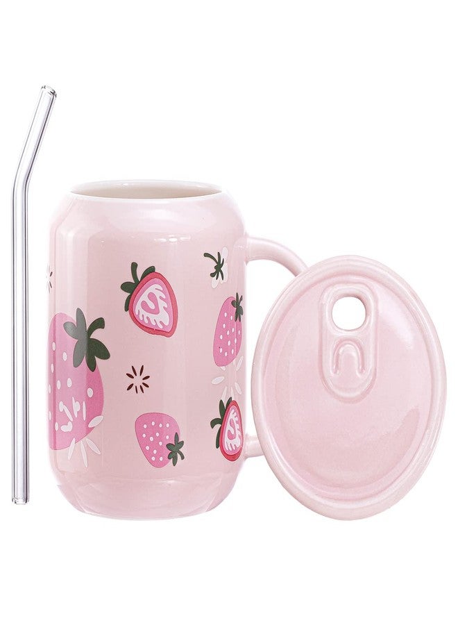 Sizikato Porcelain Mug with Lid and Straw, 13 Oz Water Cup with Handle, Cute Strawberry Pattern - Image 2