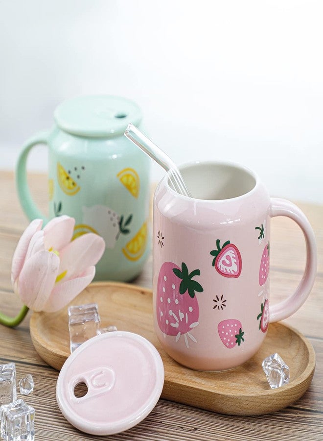 Sizikato Porcelain Mug with Lid and Straw, 13 Oz Water Cup with Handle, Cute Strawberry Pattern - Image 5