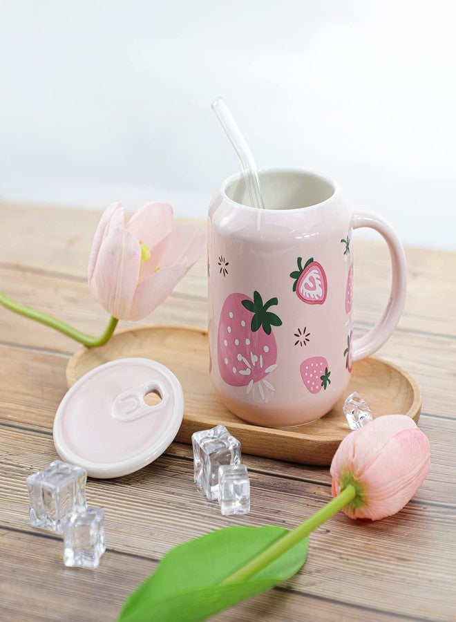 Sizikato Porcelain Mug with Lid and Straw, 13 Oz Water Cup with Handle, Cute Strawberry Pattern - Image 3