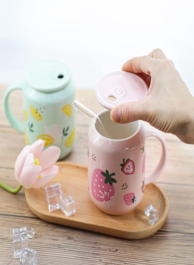 Sizikato Porcelain Mug with Lid and Straw, 13 Oz Water Cup with Handle, Cute Strawberry Pattern - Image 4