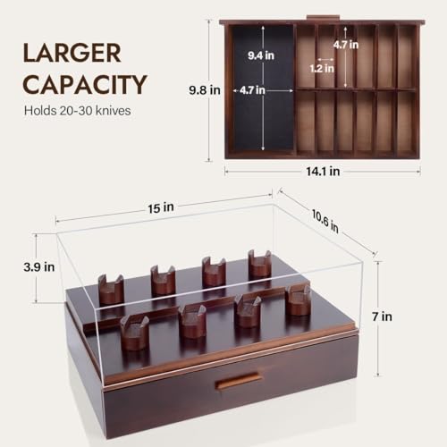 ULTRGEE Knife Display Case, Pocket Knife Collection Display Holder, Folding Knife Wooden Showcase Display Organizer Storage with Drawers and Acrylic Cover, Surprise Gift for Men - Image 4