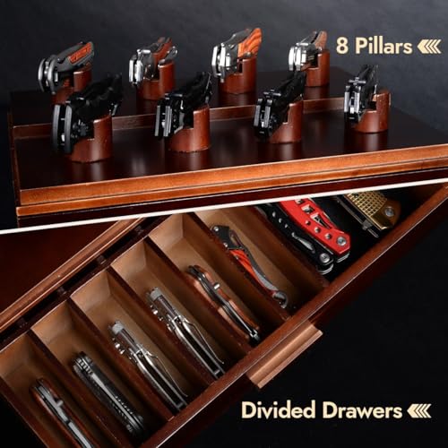 ULTRGEE Knife Display Case, Pocket Knife Collection Display Holder, Folding Knife Wooden Showcase Display Organizer Storage with Drawers and Acrylic Cover, Surprise Gift for Men - Image 2