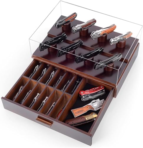 ULTRGEE Knife Display Case, Pocket Knife Collection Display Holder, Folding Knife Wooden Showcase Display Organizer Storage with Drawers and Acrylic Cover, Surprise Gift for Men - Image 1
