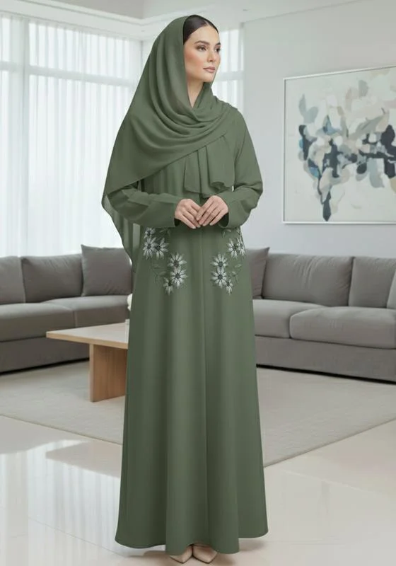 أم سكوير فاشن عباية مطرزة بالزهور خضراء يدوية الصنع