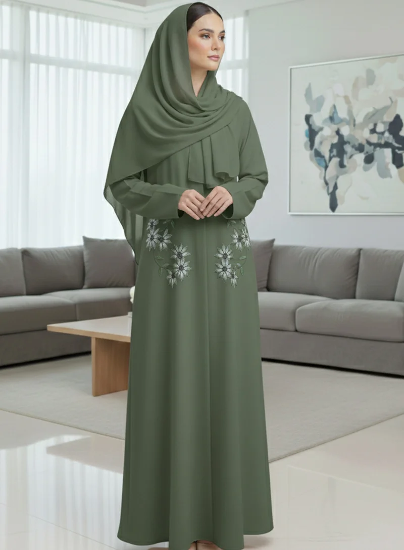 MSquare Fashion Handmade Floral Embroidered Green Abaya
