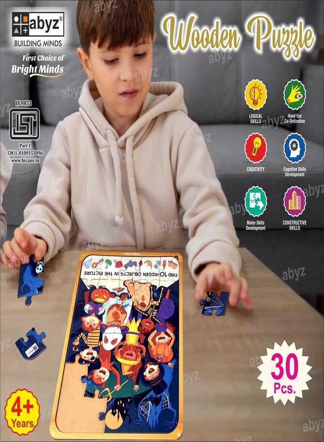 أحجية الصور المقطوعة الخشبية من ABYZ - مجموعة لعب ليلة الهالوين للمرح والتعليم والمستكشفين الصغار، 30 قطعة ألعاب ممتعة متعددة الألوان | هدية عيد ميلاد للأطفال من سن (3-6 سنوات). - Image 4