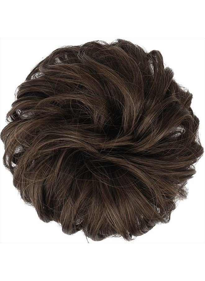 FESHFEN - Messy Bun Hair Piece Wavy Curly Large Hair Bun Scrunchies Extensions Synthetic Dark Brown Mixed Light Auburn Tousled Updo Hairpieces for Women Girls - Image 1