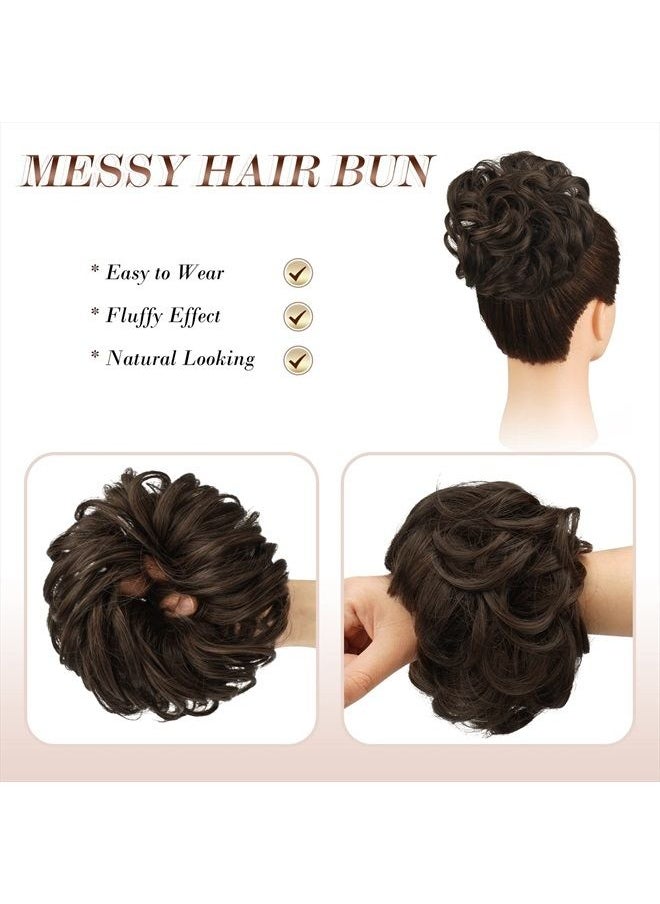 FESHFEN - Messy Bun Hair Piece Wavy Curly Large Hair Bun Scrunchies Extensions Synthetic Dark Brown Mixed Light Auburn Tousled Updo Hairpieces for Women Girls - Image 1