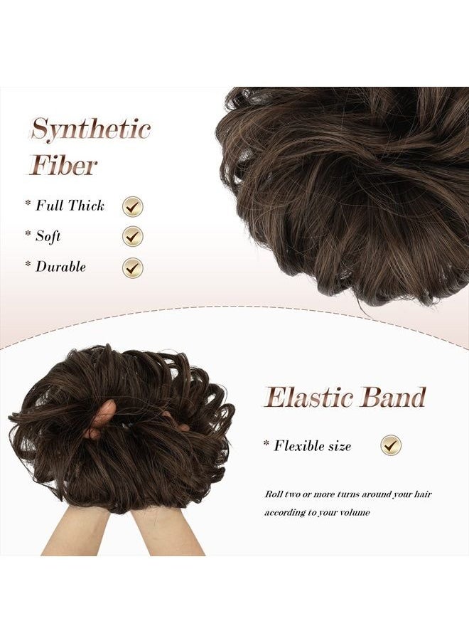 FESHFEN - Messy Bun Hair Piece Wavy Curly Large Hair Bun Scrunchies Extensions Synthetic Dark Brown Mixed Light Auburn Tousled Updo Hairpieces for Women Girls - Image 1