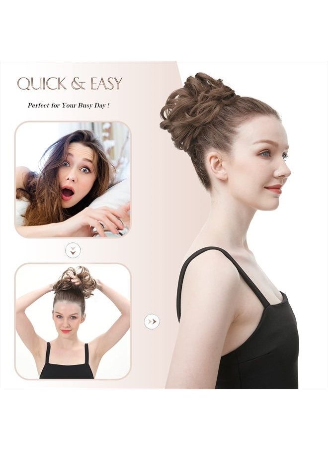 FESHFEN - Messy Bun Hair Piece Wavy Curly Large Hair Bun Scrunchies Extensions Synthetic Dark Brown Mixed Light Auburn Tousled Updo Hairpieces for Women Girls - Image 1