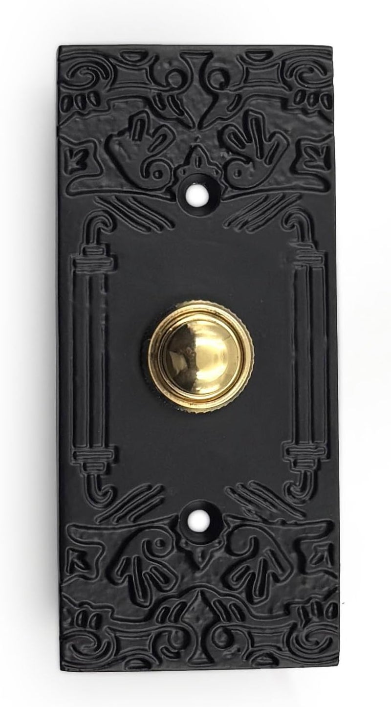 Black Powder Coated Cast Iron Doorbell Button – 4" x 1 6/7" – Classic Antique Design Push Button Doorbell with Recess Mount – Wired for Two-Wire Chimes, Weather Resistant, Easy DIY Installation