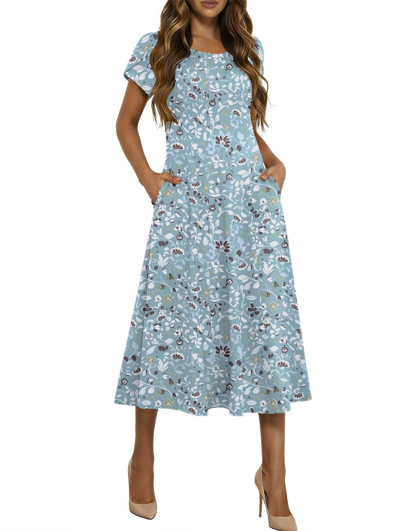 HOTOUCH Floral Casual Summer Dresses for Women Fit and Flare Dress Boho Midi Dress A Line Dresses for Women 2026 Sundress, Blue Floral 03,2XL - Image 1