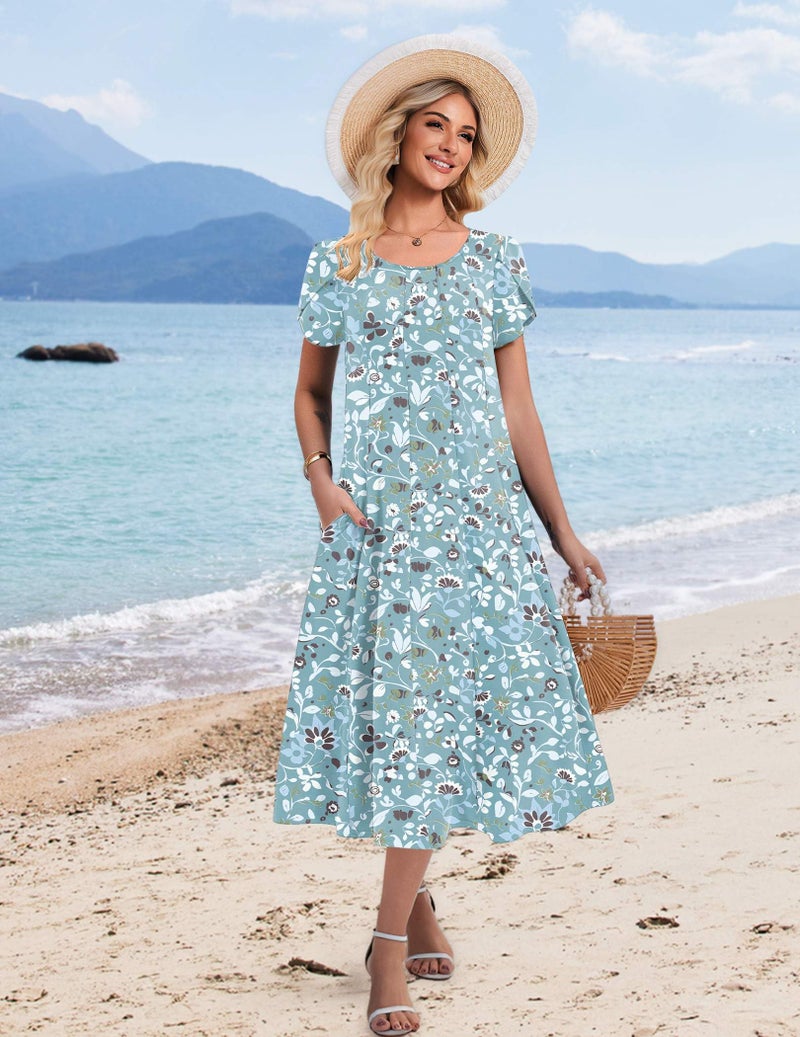 HOTOUCH Floral Casual Summer Dresses for Women Fit and Flare Dress Boho Midi Dress A Line Dresses for Women 2026 Sundress, Blue Floral 03,2XL - Image 4