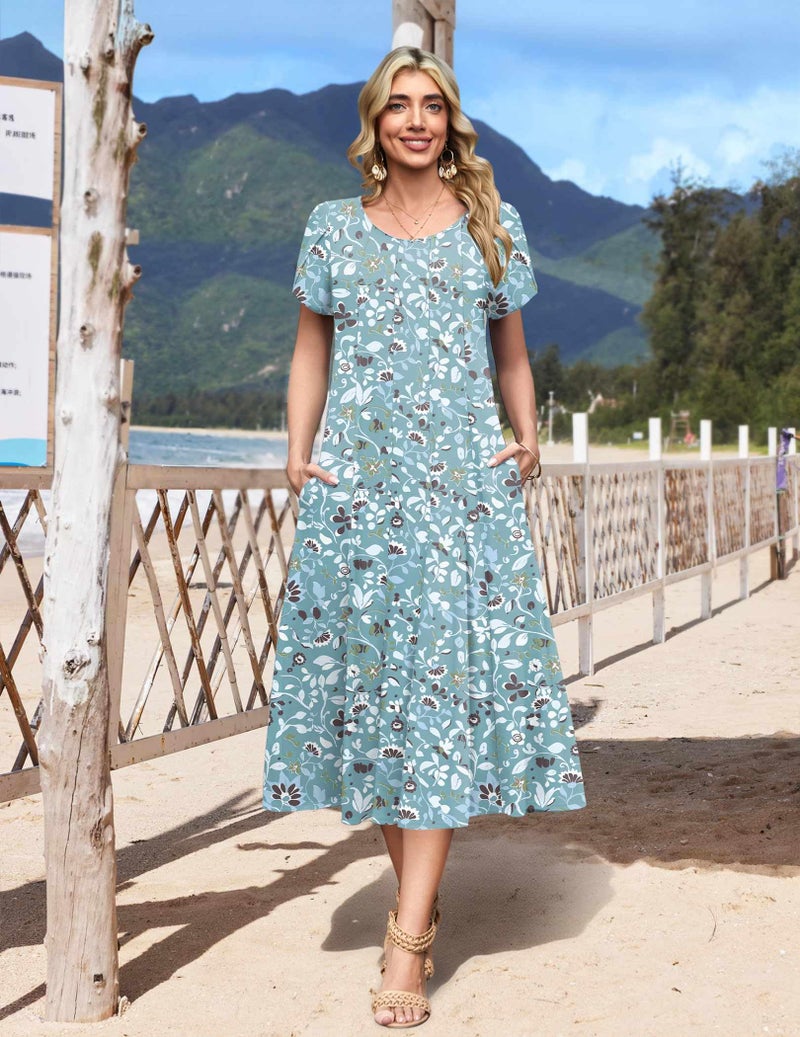 HOTOUCH Floral Casual Summer Dresses for Women Fit and Flare Dress Boho Midi Dress A Line Dresses for Women 2026 Sundress, Blue Floral 03,2XL - Image 3