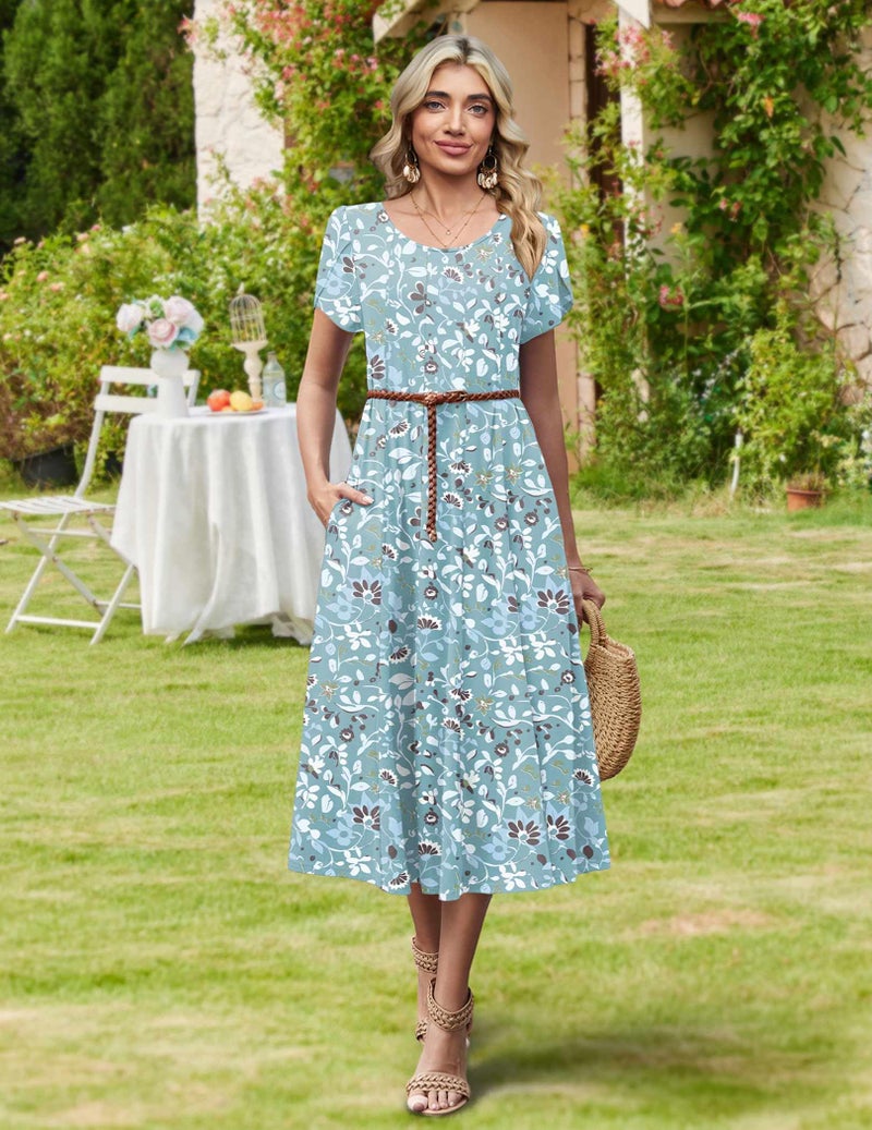 HOTOUCH Floral Casual Summer Dresses for Women Fit and Flare Dress Boho Midi Dress A Line Dresses for Women 2026 Sundress, Blue Floral 03,2XL - Image 5