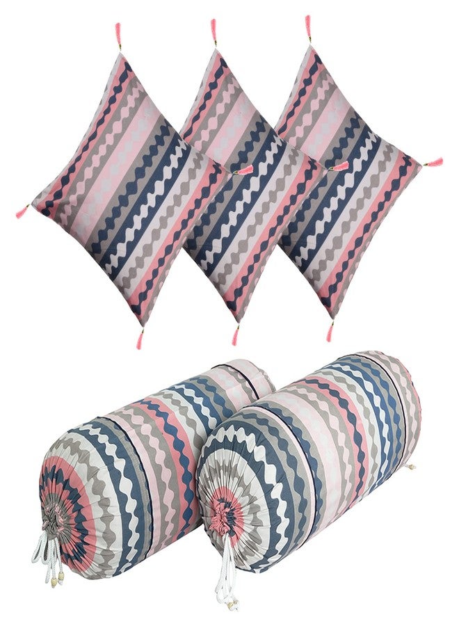 Kuber Industries Bolster & Cushion Cover Set - 2 Piece Bolster, 3 Piece Square Cushion Covers - Soft Cotton, Zig Zag Design - Pack of 5, Multicolor - Image 1