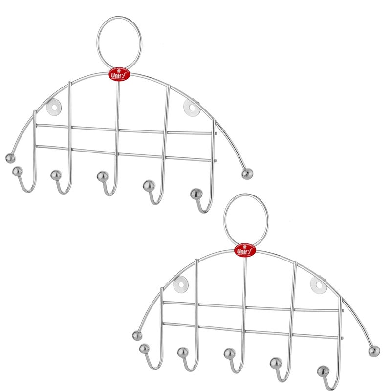 Unify Combo 2 Pieces Stainless Steel Cloth Hanger for Wall 5 Hooks, Key Ring Holder, Wall Hook, Towel Hooks, Bathroom Hanger, Stylish Design (30.5 cm) (Silver, Pack of 2) - Image 1