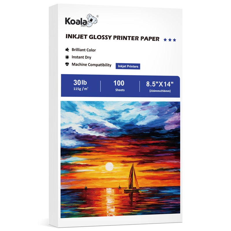 KOALA PAPER Koala Glossy Thin Inkjet Paper 8.5X14 Inches 100 Sheets 30LB Legal Size Printer Paper Compatible with Inkjet Printer Use DYE INK 115gsm - Image 1