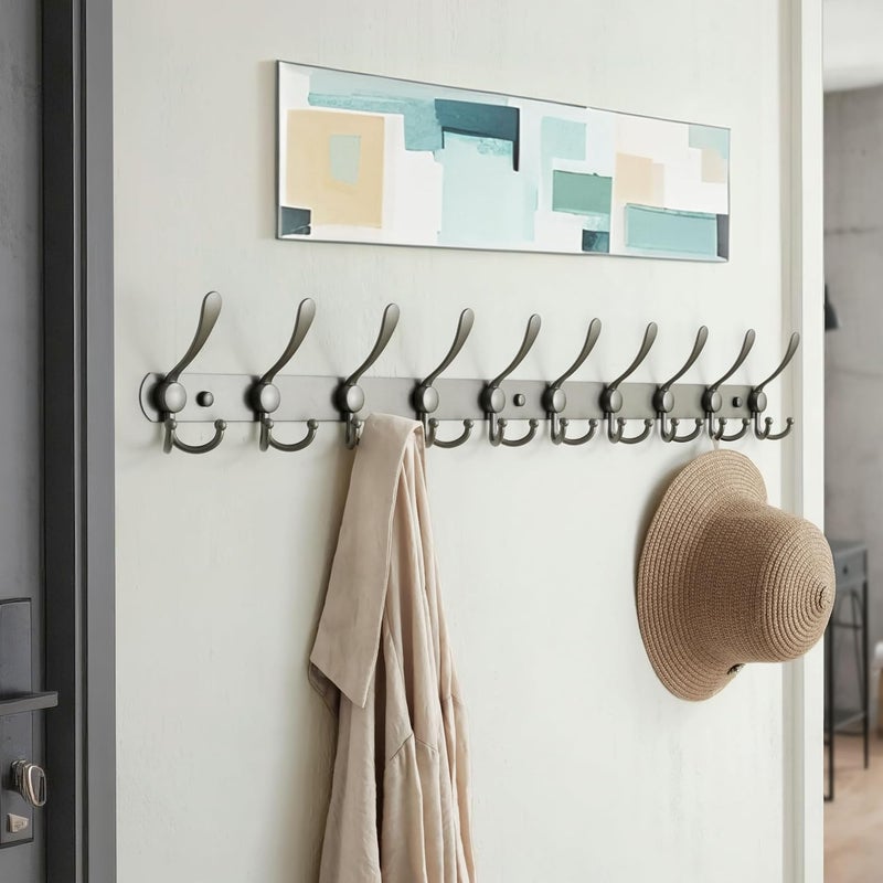 Dseap Coat Rack Wall Mount - 38” Long 10-Tri-Hooks Heavy Duty Coat Hanger Rail Wall Hooks for Hanging Coats Hats Clothing Clothes Purse Mudroom Entryway, Gray - Image 3