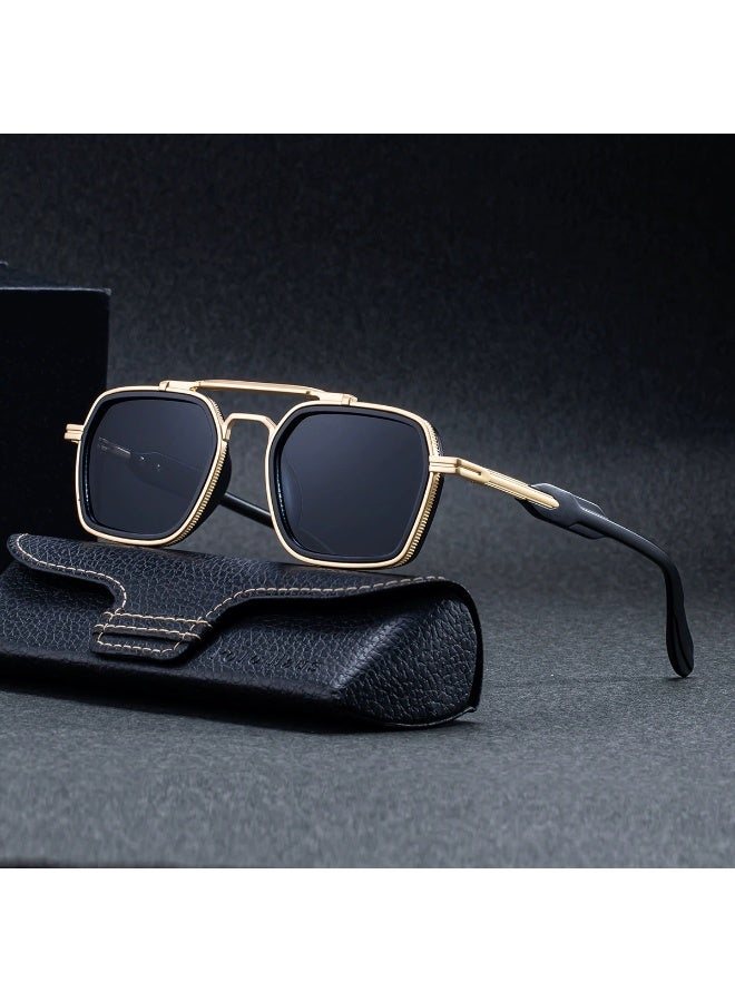 Gold Double Bridge Square Sunglasses for Men, Polarized UV400 Protection, Retro Metal Frame Driving Shades - Image 4